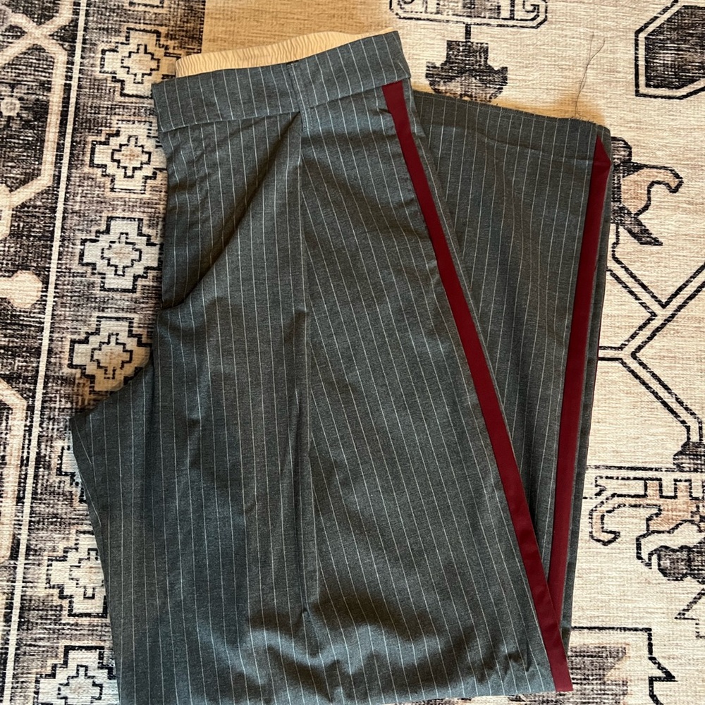 Zara Charcoal Pinstripe Trousers with Burgundy Accent